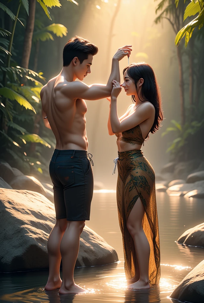 A Thai farmer couple is relaxing by a tree near a stream. The woman is wearing a red crop top. 3D illustration, soft colors, in the rainy season, it gives a calm and surreal feeling. The background has fields, mountains, light and shadows, high resolution, very realistic. She is in a doggy position while he grabs her waist so she can do a magic trick.