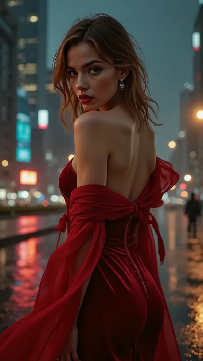 1 Garota de 18 anos loira vestido curto vermelho colado ao corpo rasgado, seios grandes cabelo curto cacheado, rear camera angle, apavorada,em uma cidade a noite neon Sitting behind an 8K RAW wall