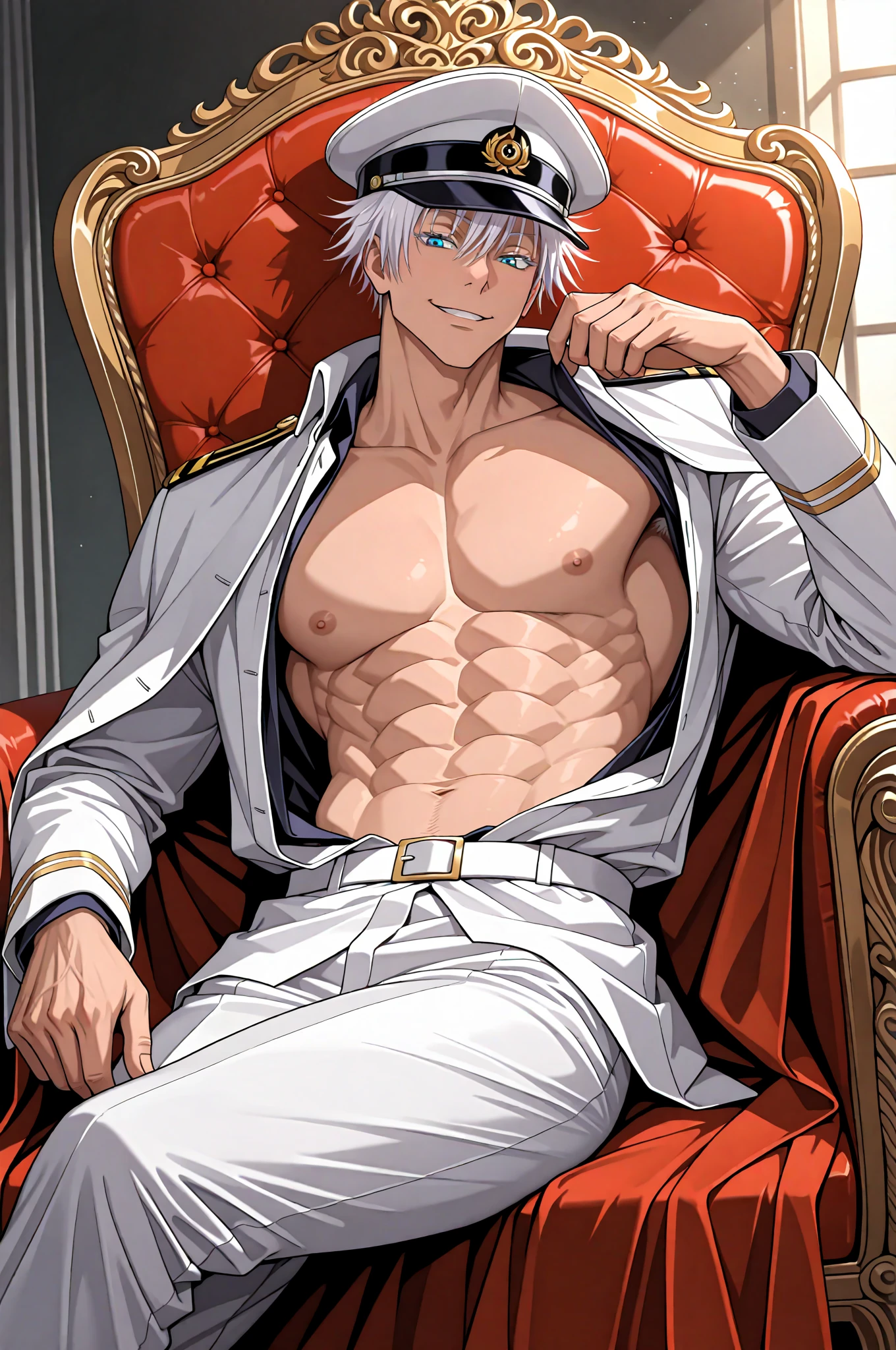 source_anime, looking down on viewer, intricate details, 1boy, young, scar_wuwa, male focus, multicolored hair, white hair, red hair,, tsurime, scar, seductive smile, toned male, sitting in the dark, dark room, indoors, sinozick style, from below, clothes off, penis visible, precum, muscular male, bara, pectorals, abs, no clothes, penis on hand, masturbation, no pants, no shirt, visible biceps, right hand on pectorals, muscle worship, standing up