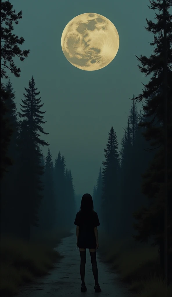 A woman from the back, taking a picture of the full moon, on the side of the moon is the sun melting and spilling onto the ground like volcano larvae, forest environment, Trees, Mystery, enchanting, magical, black and white drawing 
