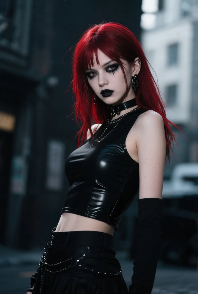 Ultra realistic, 16k, best quality, high resolution, 1 girl, 17 years old, long red hair, evil eyes look, pale white skin, flushed cheeks, cute face, gothic makeup, earrings, transparent shirt, sexy black latex skirt, medium detailed hot breasts, slender tall hot body, sexy smile, sensual posture, full-length sexy pantyhose, Battle ruins, wide hips, thick legs, torn clothes, blurred background, depth, dream aesthetic, dream atmosphere, cinematic lighting.