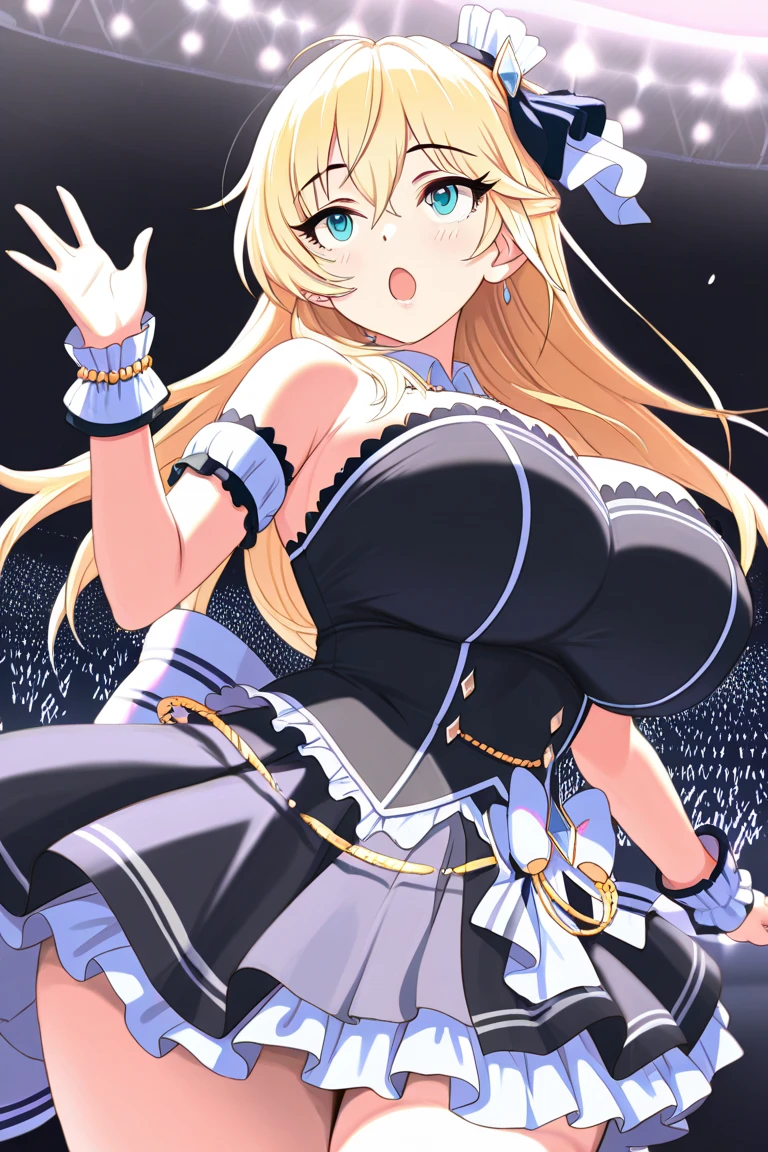 KAGAMINE RIN, long HAIR, BOW, blonde hair., large breasts,, Live Stage, solo , nsfw