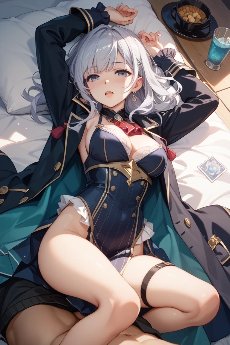 (1 girl),(high quality), (High resolution), (extremely detailed), (8K),(focus on lower body),(CG),female university student、beautiful girlfriend、magic knight costume、Magic Swordsman、witch、pleated skirt、sexy panties、(black knee high stockings:1.2)、erect nipple shape、No shoes、(neutral white lighting),sexy pose