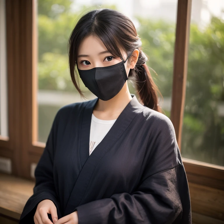 RAW Photos, 8K Portrait, Genuine, masterpiece, highest quality, Very detailed, very saturated, Japanese female ninja.She is flying through the dense forest.Staring ahead with sharp eyes.it's raining.The ground is wet、Place々There is a puddle in.Samurai Girl, The body is slim, One Girl, arms, sword, Medium Bob, one hand holding sword, sword grip, Arm guard, Smiling at the camera, Put your hair up, Floating Hair, Beautiful 25 year old Japanese woman, Pale skin, double eyelid, Wearing a black and purple ninja outfit, kimono, Hanfu, battle, Ninja silhouette, Plump cleavage, Action-packed, Forest Background, Intricate facial details, Exquisite handcrafted details