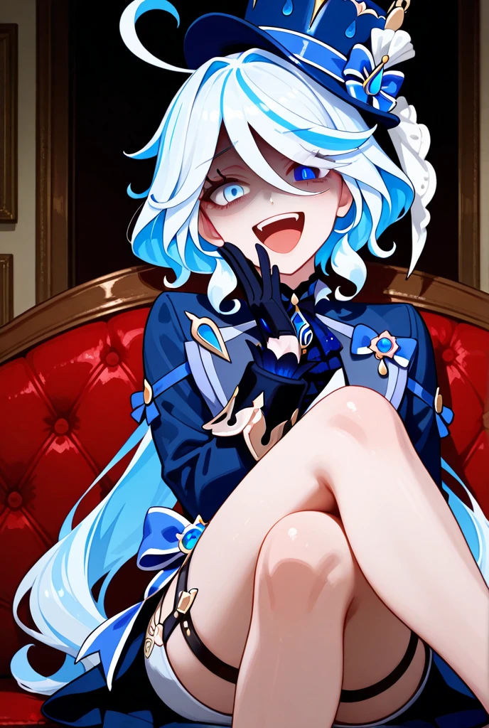 <lora:tales_of_x_style_V1:0>
<lora:blancneigetag-000064:1> stbn, hairband, red eyes, small breasts,
long hair, capelet, elbow gloves, cleavage cutout, no bra, frilled dress, blue dress, thigh boots, black footwear,
1girl, solo, watching television, laughing, smartphone, living room
