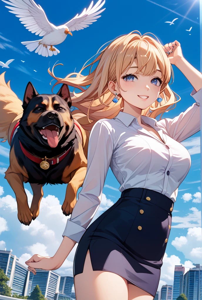 (masterpiece, highest quality:1.2), (16k, High resolution:1.3),residential street,A girl riding a giant dog,light blue T-Shirts,no panties