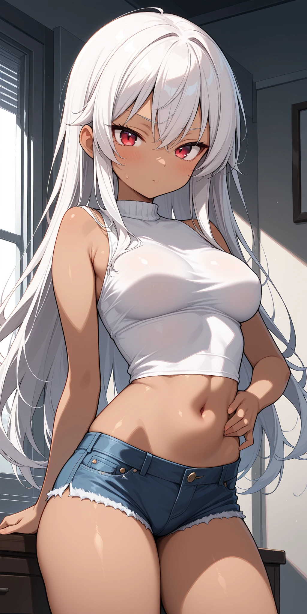 anime girl with long white hair and blue eyes posing in a hallway, seductive anime girl, , perfect white haired girl, attractive anime girl, beautiful anime girl, cute anime girl, girl with white hair, smooth anime cg art, pretty anime girl, anime style 4 k, anime best girl, anime girl, 4k anime wallpaper, topless, denim pants, small breasts, nipplesrpiece, n, smiling, navel