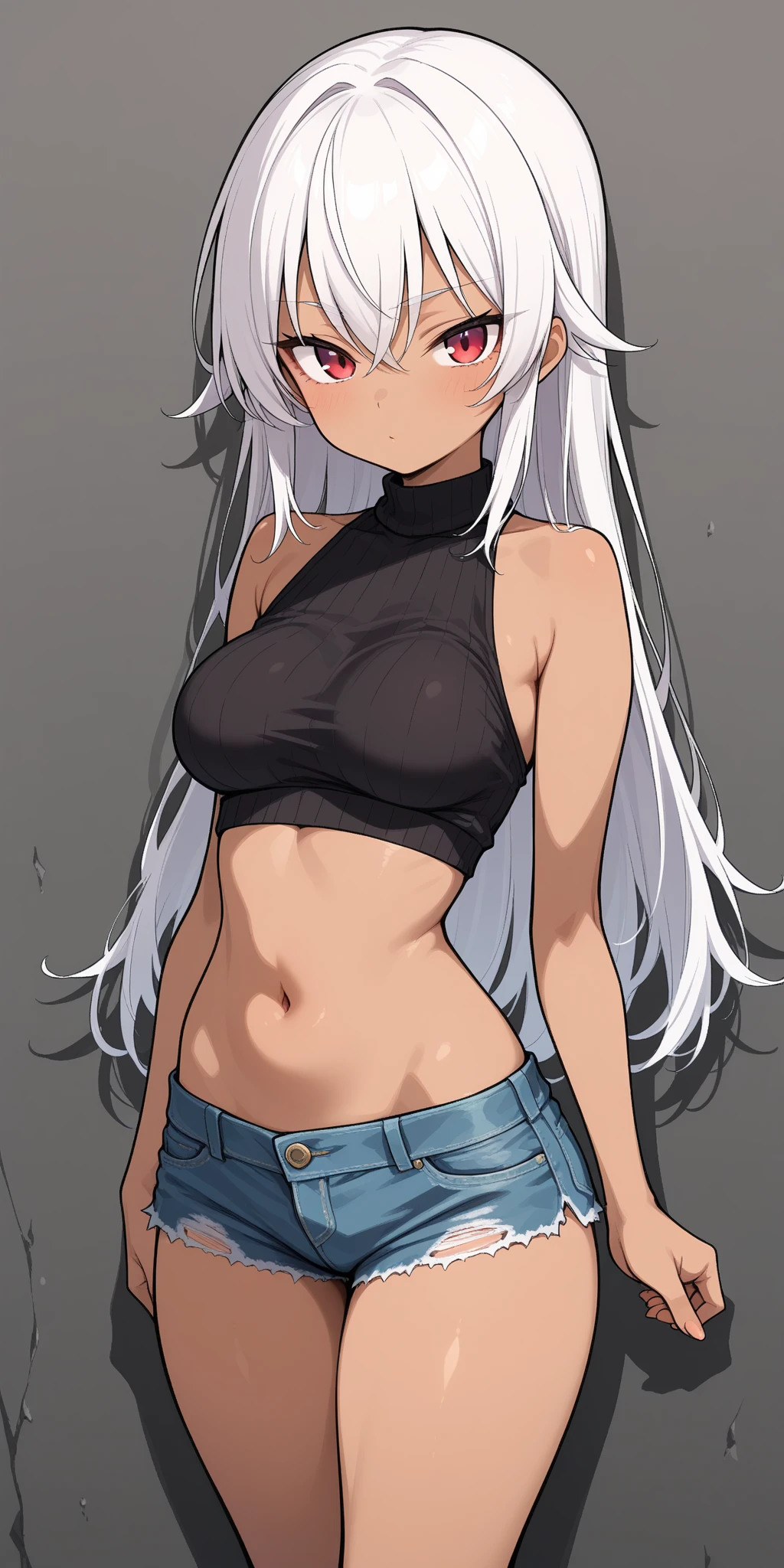 1 girl, big breasts, SERIOUS LOOK, blush on the cheeks, He is wearing a black shirt with white letters that say "dense", and a thong, pose sensual, low light background