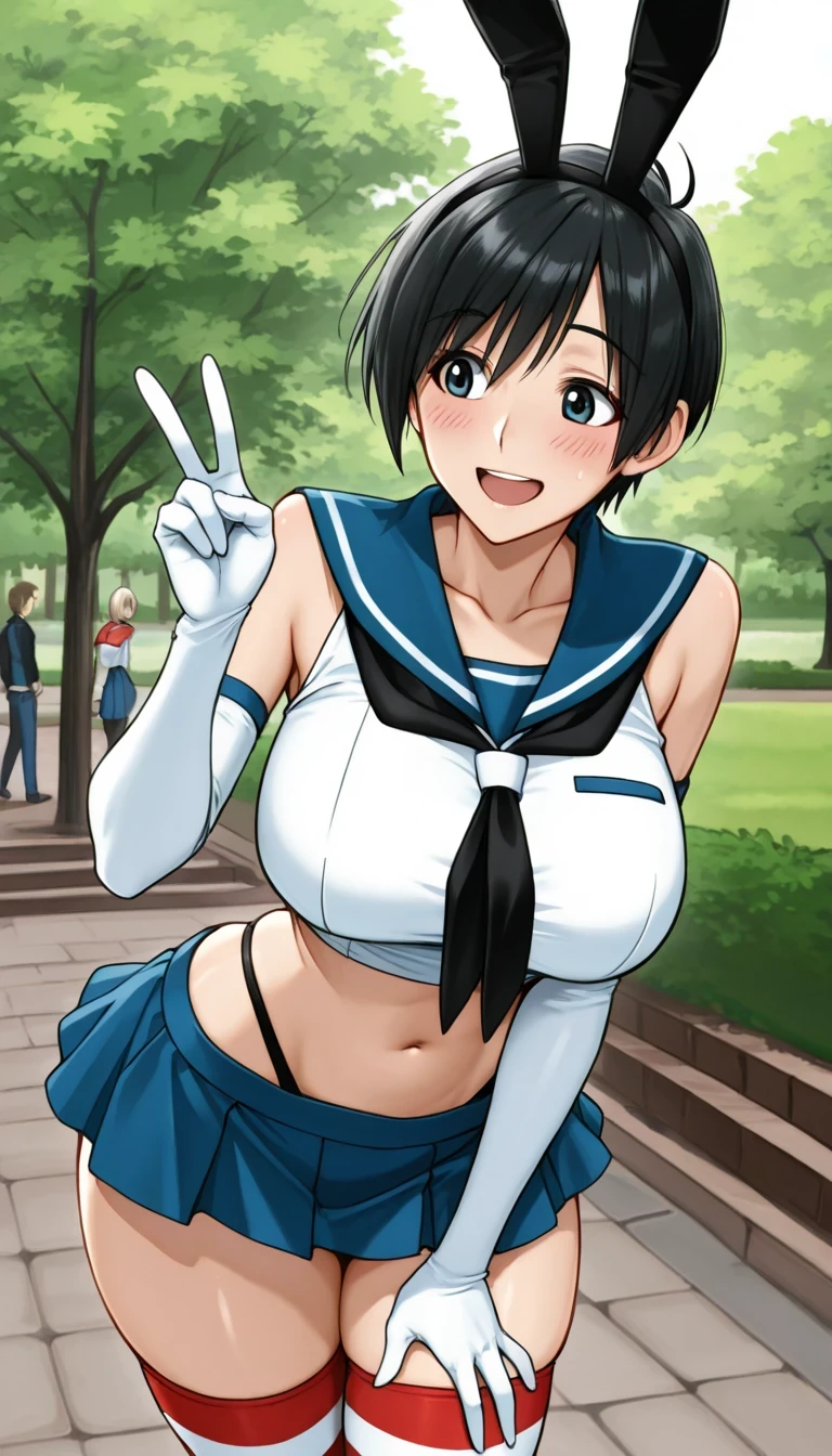 score_9, score_8_up, score_7_up, source_anime top quality、8k、masterpiece、natural light、with Penis Ultra High Accuracy、Perfect Anatomy、One woman、medium chest、saggy breasts:1.5、black hair、Shortcut、boyish、( Happy Expression )、 shimakazecosplay, shimakaze \(cosplay\), highleg panties, black neckerchief, microskirt, striped thighhighs, highleg, black panties, elbow gloves, thong, blue sailor collar, white gloves, crop top, sailor collar, blue skirt, black hairband, bunny ears、((spring park))、 stand and pose