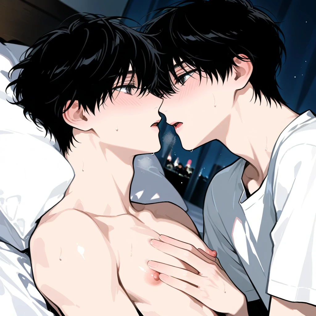 Two gay boys kissing, Shoulders and neck, Sweatをかいた, hot, hug, Sexy,  Stayed, bedroom, bed, in bed, Dark Room, lamp, Lie, Face to face,NSFW, Sweat, Abdominal muscles