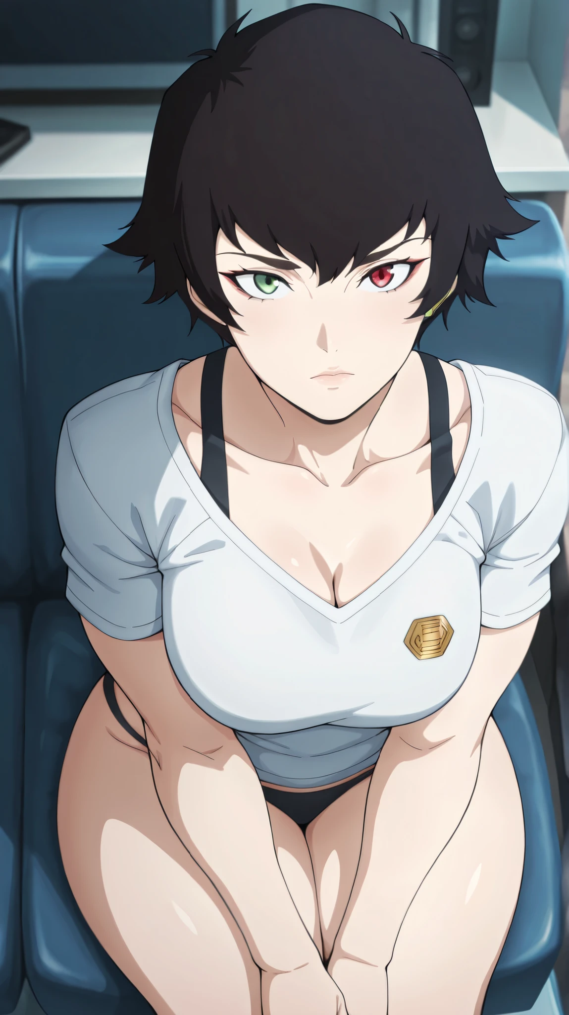 (masterpiece,best quality,amazing quality), solo
BEST QUALITY, HIGHRES, ABSURDRES, HIGH_RESOLUTION, MASTERPIECE, SUPER DETAIL, HYPER DETAIL, INTRICATE_DETAILS, PERFECTEYES, DARK EYELASHES, EYELINER, 64K, SCORE_9, 4k, upscale, score_9, score_8_up, score_7_up, score_6_up, source_anime, 1 woman, breasts, medium breasts, natural glow, looking at viewer,
beautiful face, beautiful long eyelashes
based on anime, ultra high detail, (perfect anatomy), (sexy senpai girl), wide hips, masterpiece, best quality, very aesthetic, absurdres, ((left red eye)), ((right green eye)), MaryXL, short hair, black hair, heterochromia, (red eye), (green eye), thick thighs, big ass, indoors, sitting pose, hands resting gently on lap, solo, collarbone, cleavage, looking at viewer, white t-shirt, black panties, bra strap