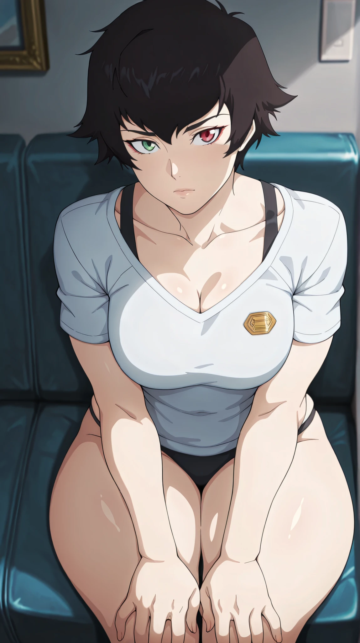 (masterpiece,best quality,amazing quality), solo

BEST QUALITY, HIGHRES, ABSURDRES, HIGH_RESOLUTION, MASTERPIECE, SUPER DETAIL, HYPER DETAIL, INTRICATE_DETAILS, PERFECTEYES, DARK EYELASHES, EYELINER, 64K, SCORE_9, 4k, upscale, score_9, score_8_up, score_7_up, score_6_up, source_anime, 1 woman, breasts, medium breasts, natural glow, looking at viewer,

beautiful face, beautiful long eyelashes

based on anime, ultra high detail, (perfect anatomy), (sexy senpai girl), wide hips, masterpiece, best quality, very aesthetic, absurdres, ((left red eye)), ((right green eye)), MaryXL, short hair, black hair, heterochromia, (red eye), (green eye), thick thighs, big ass, indoors, sitting pose, hands resting gently on lap, solo, collarbone, cleavage, looking at viewer, white t-shirt, black panties, bra strap