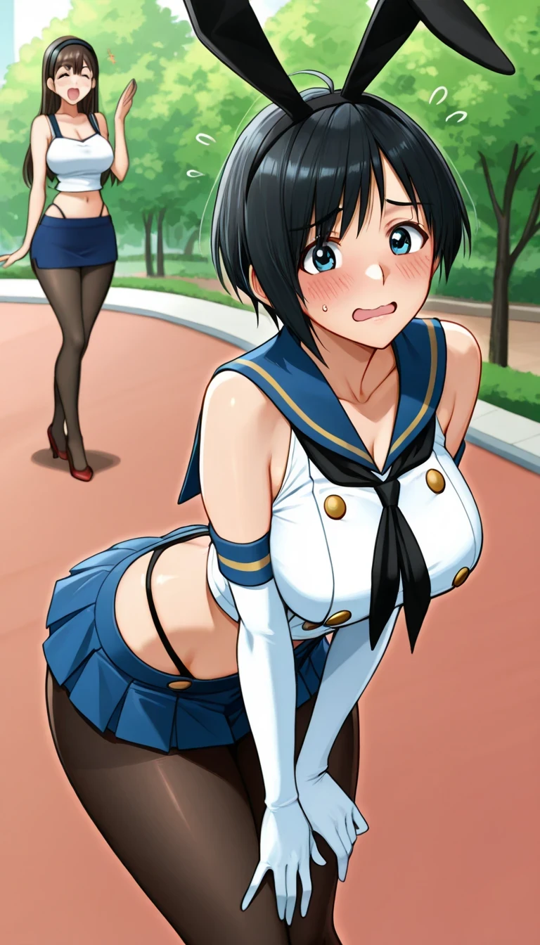 One girl, alone, Ruka Sarashina, Main Works, high quality, High resolution, blue bow, Black Hairの女性, short hair, Black Hair, blue eyes, (Light blue sweater: 1.2), (turtleneck: 1.2), c, White Stockings, black bow, bow, Blue Hairband, bangs, Big ample breasts, Cleavage, Medium Waist, Medium Hips, wide thighs, cowboy pictures, smile, Fascinating, Embarrassing, walking, garden, sunset, Looking at the audience, throw (From above), Great hands, Excellent anatomy