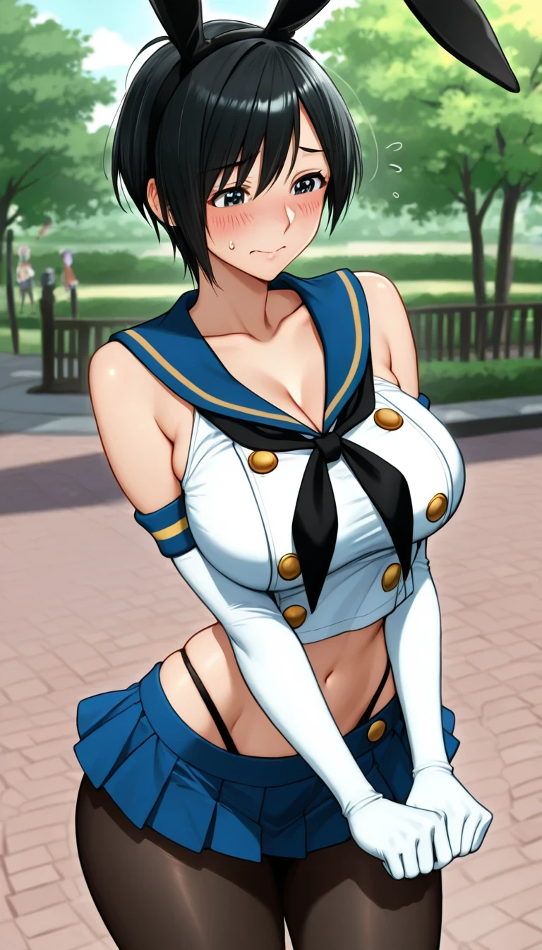 masterpiece, best quality, beautiful art, high resolution, well formed hands, body and fingers, 1 woman, solo, Sailor Mercury, sailor collar, elbow gloves, earrings, blue makeup, sailor senshi uniform, full body picture, grown up, adult, large and rounded breasted, cleavage, hair ornament, wearing a Tyris Flare outfit , white_bikini, full body, sexy and skimpy bikini, gorgeous hips, legs and thighs bouncing breasts, doing exercise, warming up, working out, sexy and captivating training, smiling joyfully and happily , looking at the viewer, , sweating , bouncing breasts, bikini thong, training montage session, beach environment