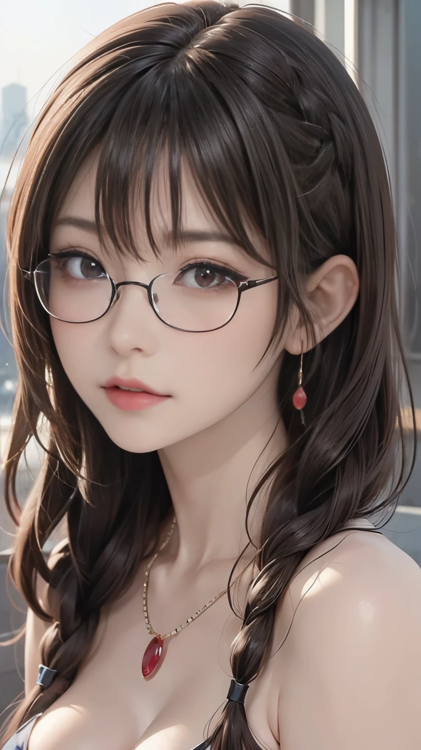 big breastm, Brown hair color, Ayes Red,Wear glasses,Hyper-Realistic, ultra-detail