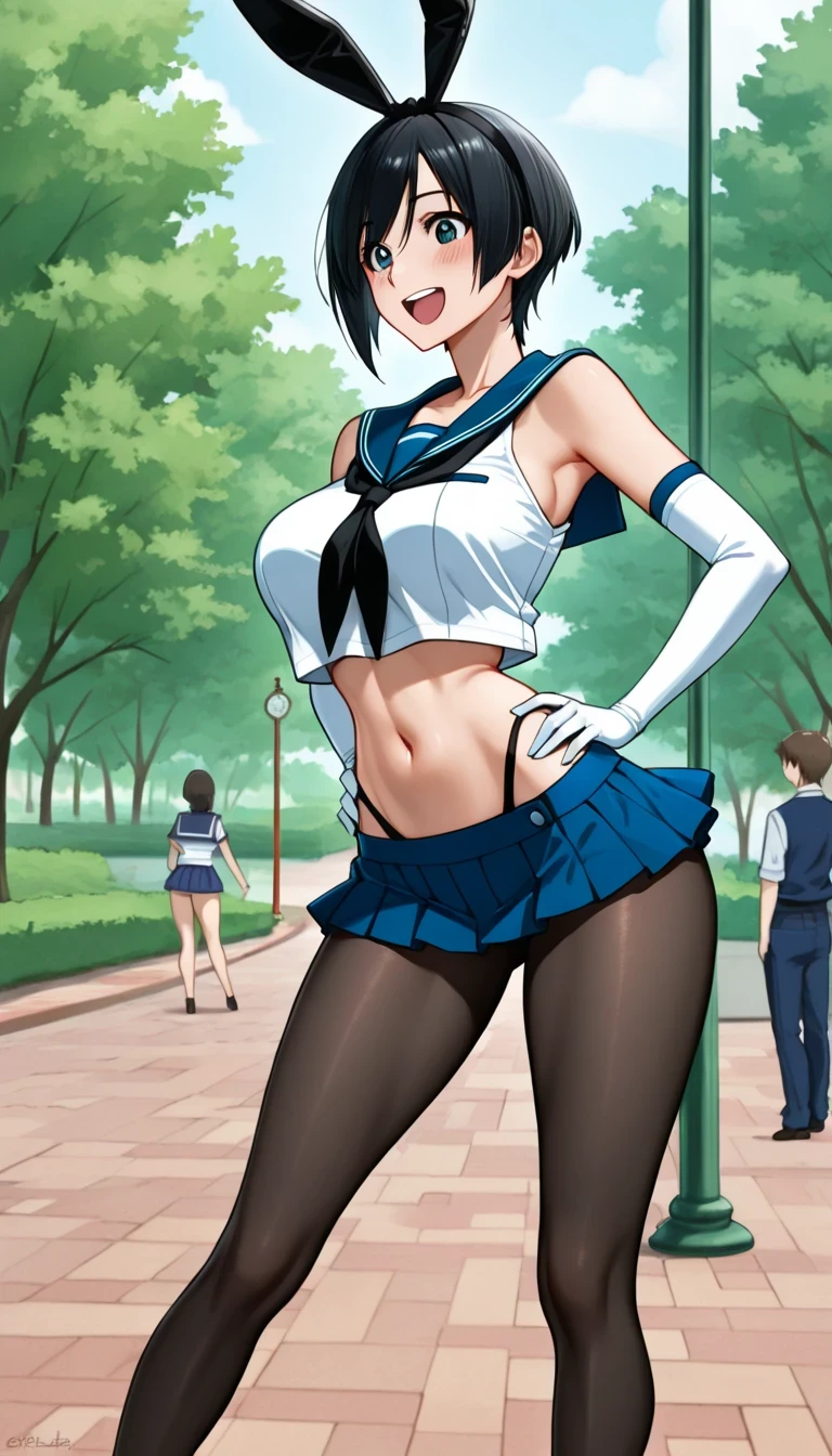 score_9, score_8_up, score_7_up, source_anime top quality、8k、masterpiece、natural light、high accuracy、Perfect Anatomy、One woman、medium chest、saggy breasts:1.5、black hair、Shortcut、boyish、( Happy Expression 、blushes)、 shimakazecosplay, shimakaze \(cosplay\), highleg panties, black neckerchief, microskirt, black pantyhose, highleg, black panties, elbow gloves, thong, blue sailor collar, white gloves, crop top, sailor collar, blue skirt, black hairband, bunny ears、((spring park))、 stand and pose、and place your hands on your hips、standing with her legs spread