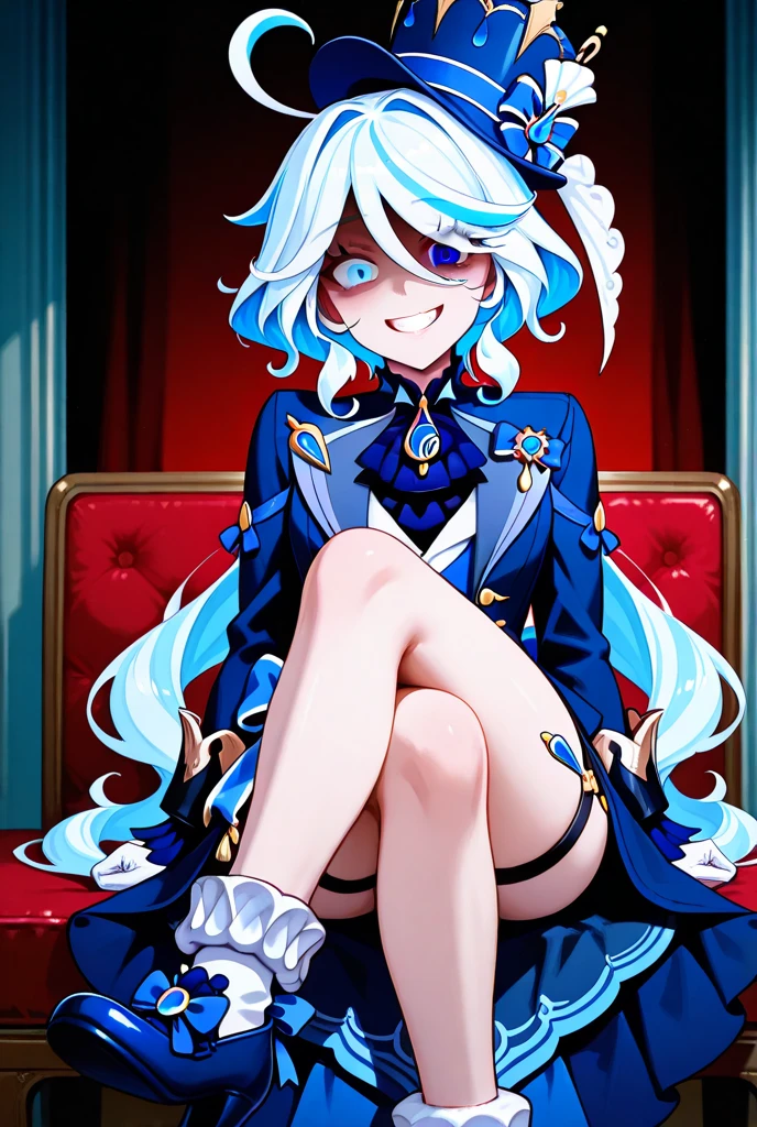 16k,The beautiful, On a table, Best quality at best, The facial details are particularly rich, perfect litthing,1 girl in、tightsuit, skin tight, latex,White jumpsuit,White jumpsuit, shinning clothes, Shiny, Cover the navel, steamy,tmasterpiece, Best quality, 1 Sister, Forina, genshin impact, White hair, Blue hair, White latex coat, abandoned city lock,hair covering one eye,((Gradient hair)), A thin body，Beautiful blood red eyeshadow，Wearing long white gloves:1.a purple eye:1 white hair, Blue hair:1.3， Ultra-detailed eyes
