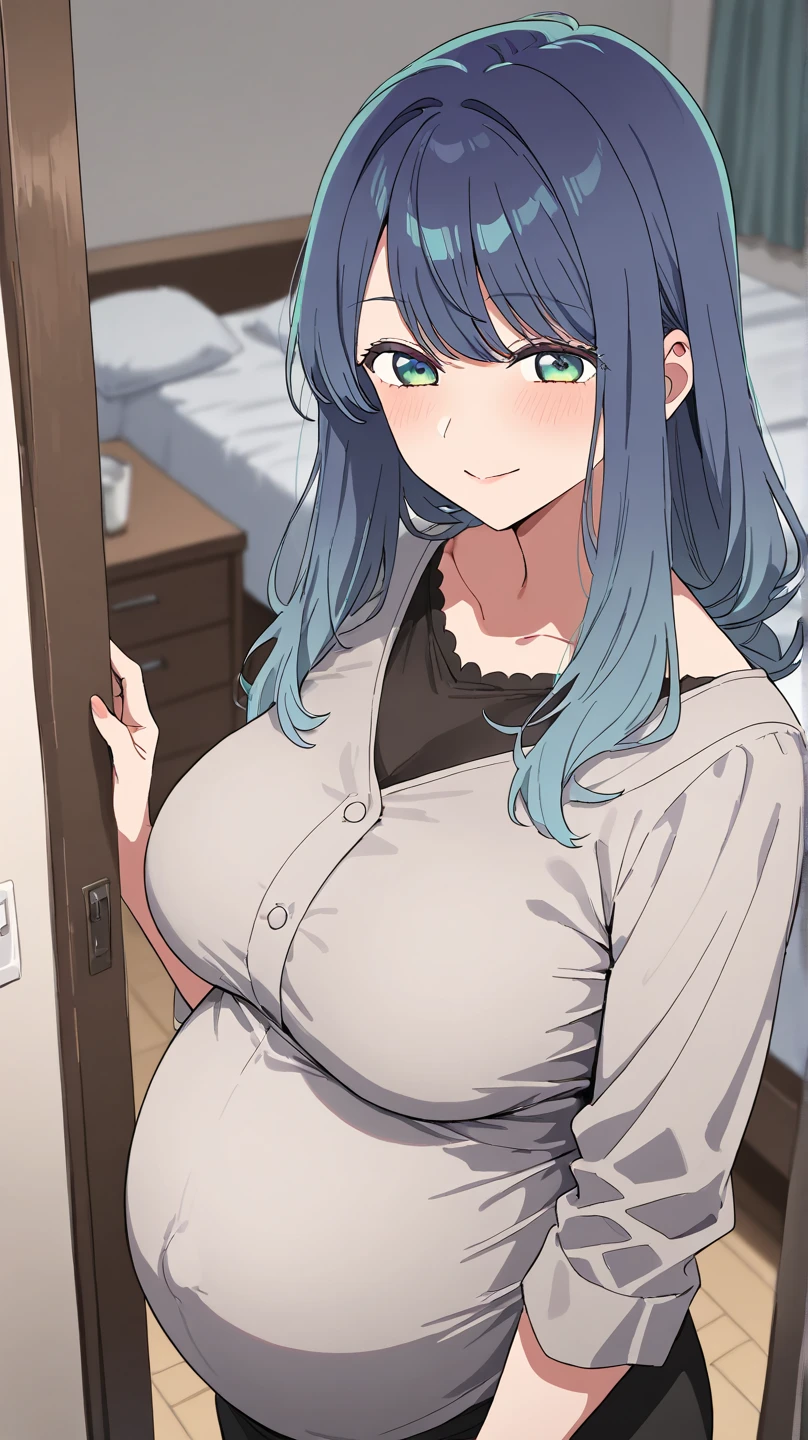 Yukino, In Shope, Silver hair and blue eyes, Short hair, black shirt,no brassiere, anime visual of a cute girl, screenshot from the anime film, & her expression is solemn, in the anime film, In the anime, anime visual of a young woman, she has a cute expressive face, animated still, big breast, Reddening cheeks, s face, Fair skin,Bigchest,Pregnant belly