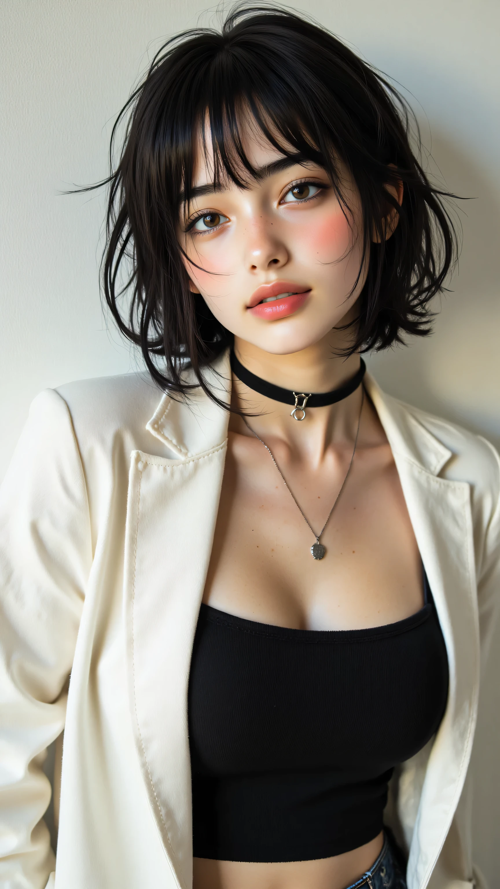 8k, Masterpiece, Top Quality, medium shot, eye-level shot, woman, short black bob hair, brown eyes, slight smile, wearing black bra top, open white blazer, black choker necklace, large bust, plain wall, simple background, soft lighting, studio lighting, chic.