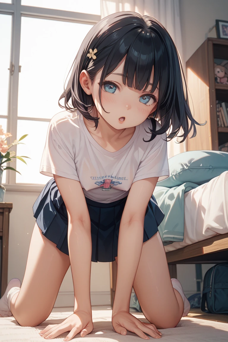 The ultra -The high-definition、high-level image quality、top-quality、Full feet and hands、complete fingers、Beautuful Women、1 persons、embarassed expression、School swim wear、Black stockings、Hotel bedroom、cinematlic lighting