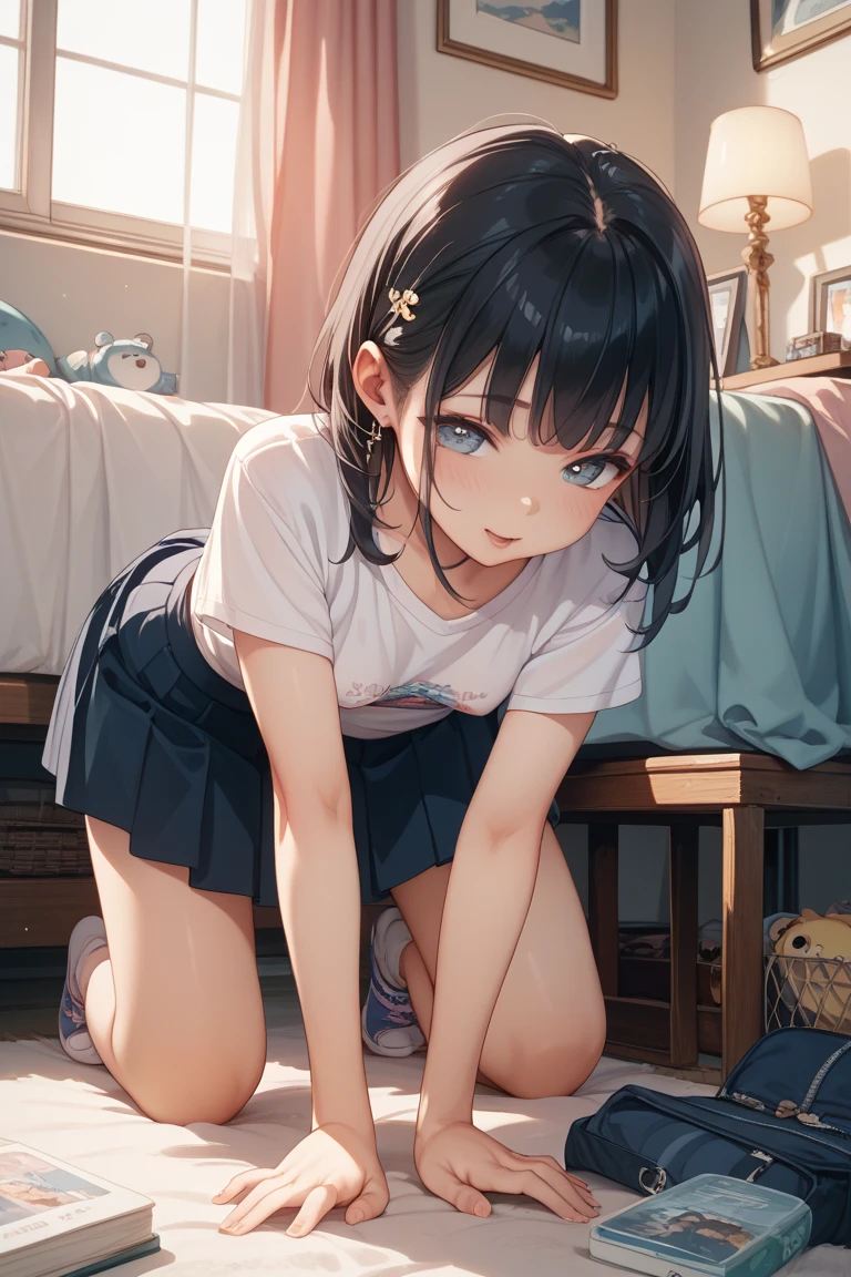 ((masterpiece, Best Quality, High resolution, extremely detailed 8K, pretty toddler with a petit little infant-body, Ultra HD, Ultra-detailed, anime screen cap:1.3, anime colours:1.2)), ( petit little 1baby, squatting, cute infant:1.3), (Black hair, bob cuts), facing at camera, natural smile, natural makeup, (beautifull detailed kawaii face, Beautiful detailed big eyes), (kindergarten pretty smock, thin material, crotch peek, no panty: 1.2), Cowboy Shot from below, Sweat, childish-body