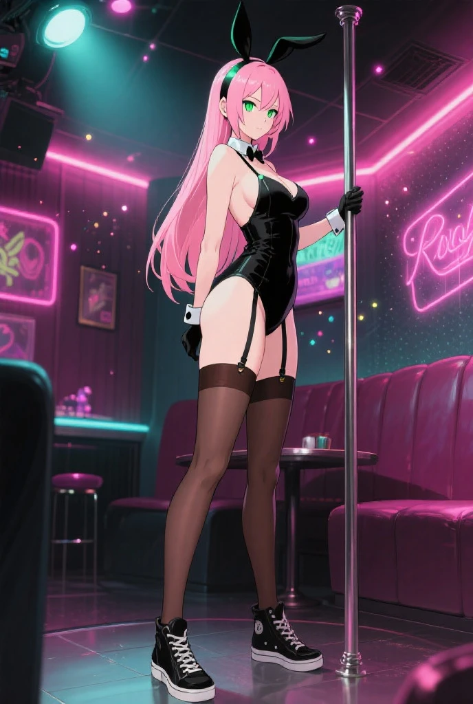 best quality, (on the table: 1.2), detailed, perfect face, pretty face, 1 girl in, pink hair,headgear,long hair,purple eyes,black shirt,black hip skirt, yes, street, best quality, Very detailed , Turn your back to the audience, , (from below: 1.3),Huge butt facing the audience,hip view,big ,Smile,stick out tongue,above knee