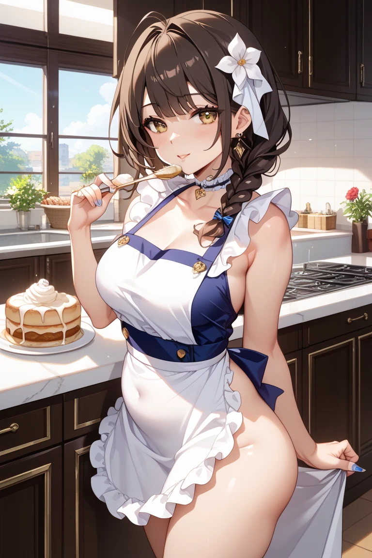 masterpiece, 1girl, Amazing Cleavage:1.3, thin waist, big ass, Raised sexy, medium breast:1.3,posed cleavage:1.2,solo, looking at viewer, open mouth, have a cup of coffee,black hair, red eyes, dress, bare shoulders, jewelry, collarbone, sidelocks, hairband, earrings, indoors, off shoulder, :o, sweater, arms behind back, plant, short hair with long locks, white hairband, off-shoulder dress, sweater dress, off-shoulder sweater, red sweater, big side hair, very long side hair,is rendered in (masterpiece: 1.2, best quality), with (ultra high resolution) and an exquisite (depth of field). This masterpiece is not only visually stunning but also tells, make of cooking some cakes ,in the kitchen ,(beautiful scenery), upper eyes, (with sparkling eyes and a contagious smile:1.0),looking at Viewer