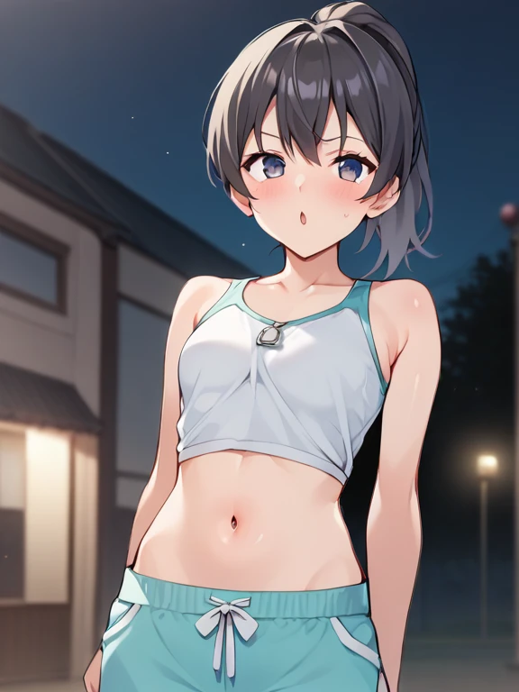(highest quality:1.2),(perfect and beautiful posture:1.2),(fullbody shot:1.3,Solo,emature man),(short bob cut hair,flat chest:1.2), ((confused,embarrassed and blush:1.3)), shyness:1.1, (Sweaty, sunburned skin:1.3), (sexy Silver bra, short purple Pleated miniskirt:1),(erect nipples:0.4),navel out,(fake smile:1.5,tears,crying:1.3), (standing Straight:1.5), sexually,earrings,necklace,pink lips,black long socks,wide hips, steaming body, (covering eyes:1.4), (hand over eyes), arms up,show teeth,midriff,At midnight,outside, park,