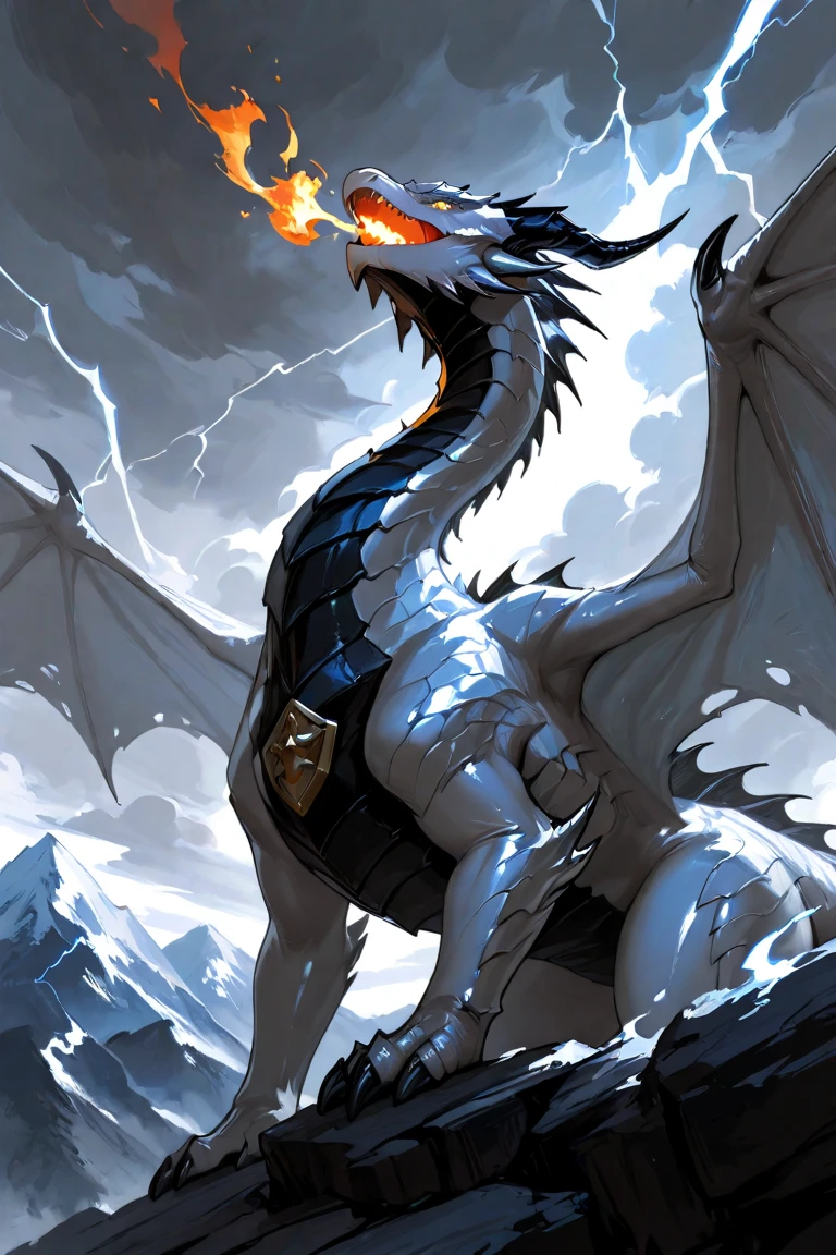 full body, shiny white dragon storm dragon, large black horns, large white wings, black energy behind, white energy dragon, black storm lightning background, white fire