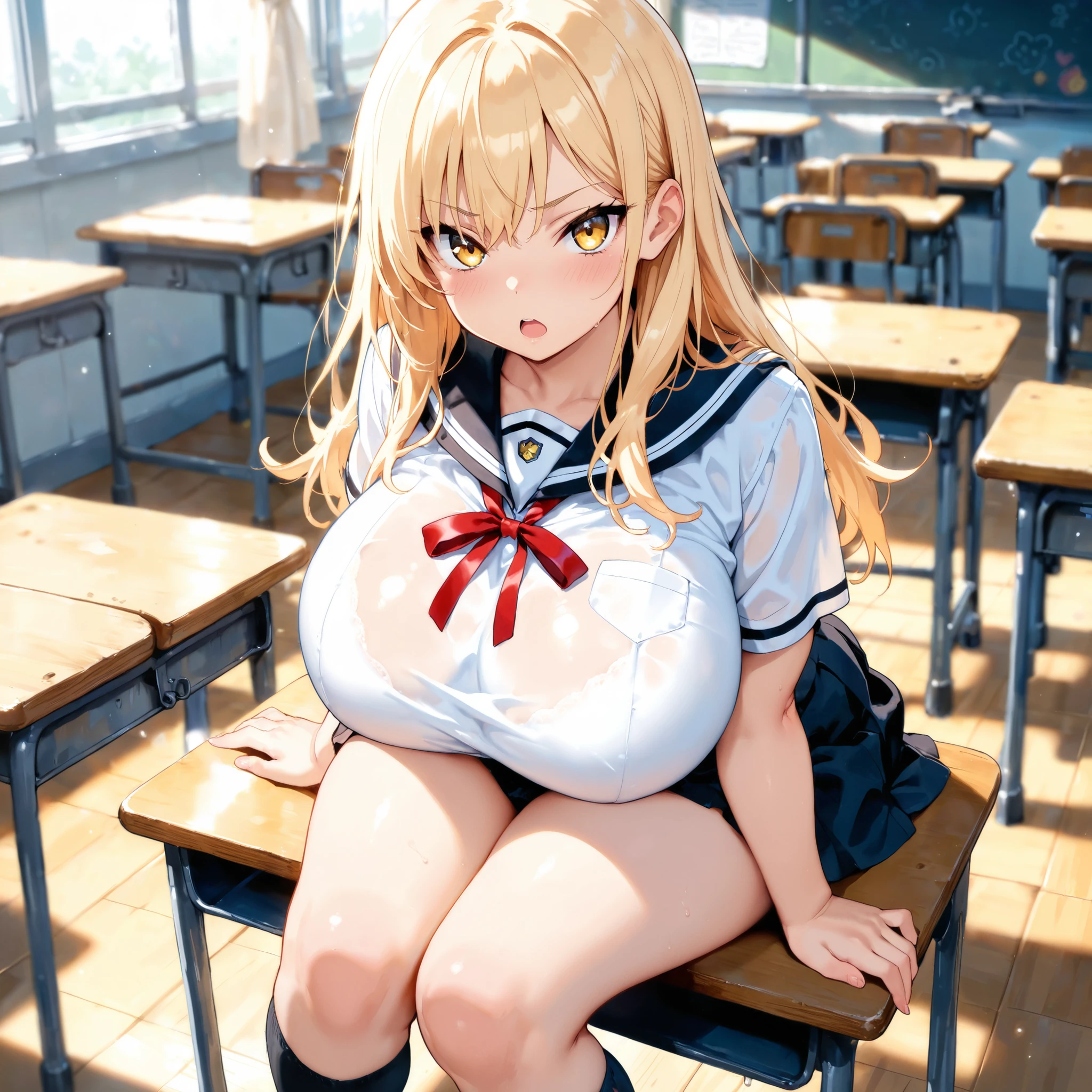 Solo (((best quality)), (Super Detail), 1 Girl,(Huge bust:1.5) Blonde straight hair,(Embarrassed face:1.5) School, Sitting in a chair、classroom, (I can see her white panties) 15 years old, (Spread your legs), uniform, skirt,Nipple piercing,(The bra is see-through) Ear Piercing, Black choker, Loose tie, socks, Sailor collar, プリーツskirt, 白いsocks, 黒いskirt, Short sleeve、White shirt,Black Sailor Collar,Blue scarf,Mini Lingerie T-shirt、Beaded Bracelets,Clenching the wrist,,Open her mouth,Smile,By bangs,perfect hand,Detailed fingers of the hand