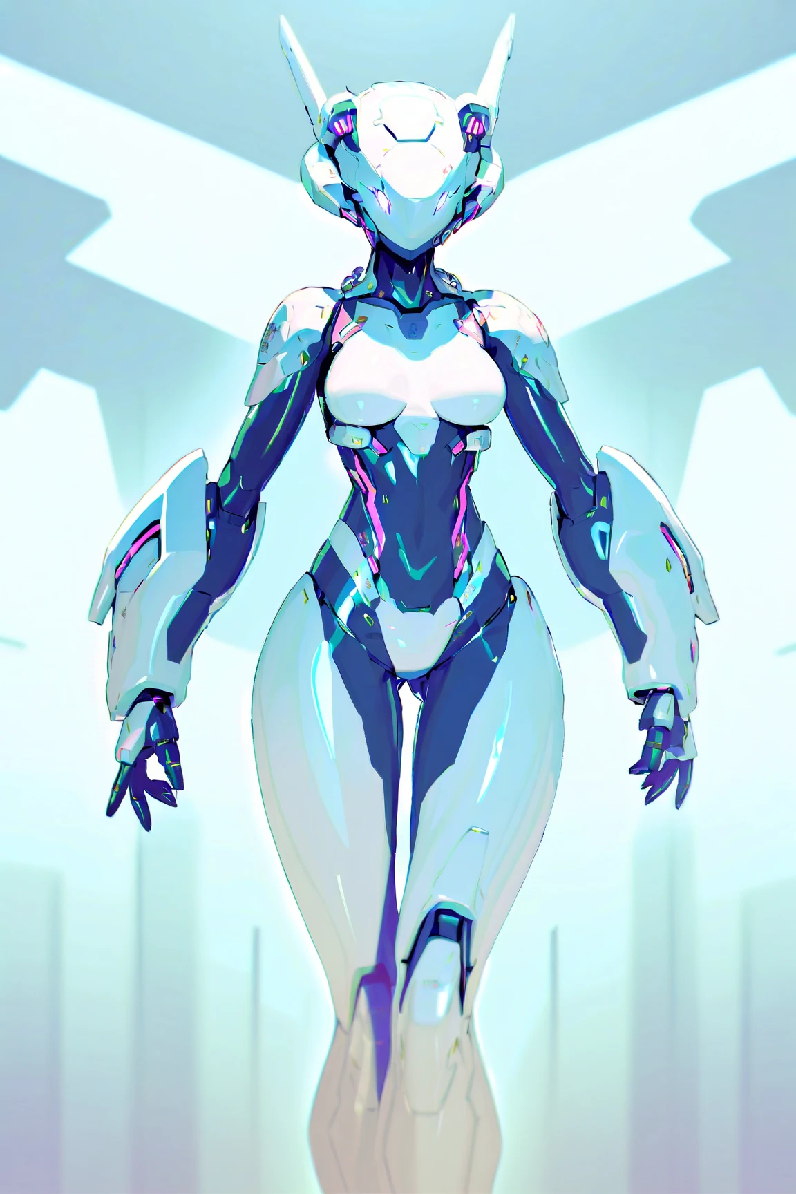 1girl, covered eyes, purple hair, very short hair, large breasts, hourglass figure, bodysuit, black bodysuit, neon, neon trim, machinery, tech, science-fiction, futuristic, standing, full body, ((full body)), pantyhose, head-mounted display, vr visors,, high heels,