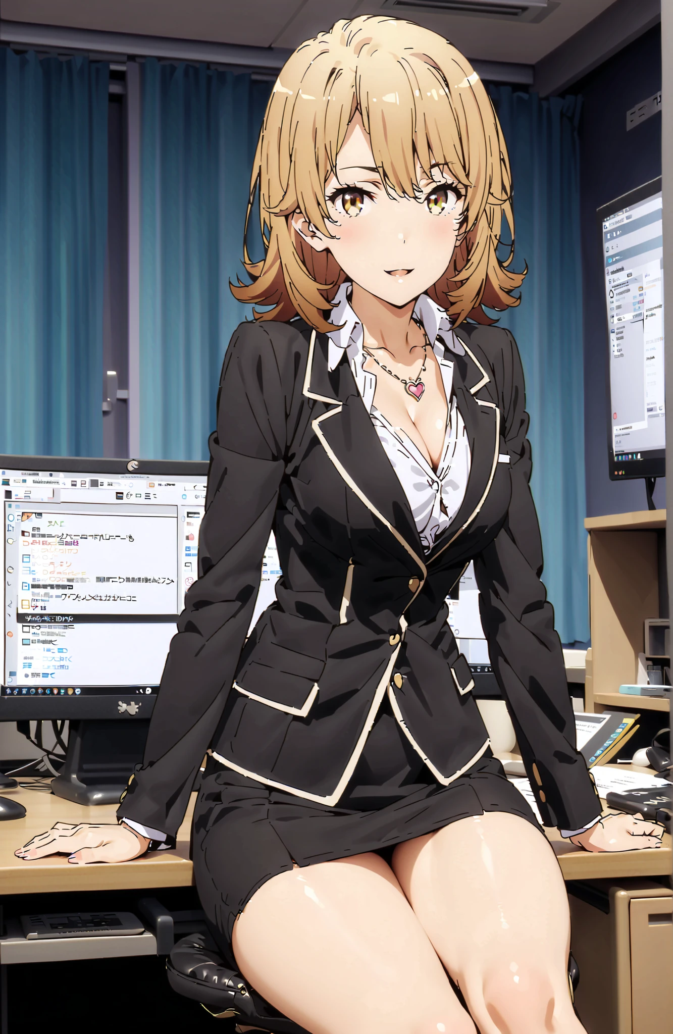 Iroha Isshiki, solo,short hair, brown hair, brown eyes in the bedroom,Medium breast,cleavage,heart shaped necklace,smile,blush,open your mouth,
OL,glasses,black suit jacket, collared jacket, white dress shirt, collar shirt, neckline, button,black pencil skirt, is placed on the work desk, pin heels,sitting on a table,interior,The computer is on the table,curtains,window,morning, Beautiful Streetscapes,full bodyがイラストに入るように,in their 40s looking at viewer,full body,
in their 40s indoors, office,
in their 40s (masterpiece:1.2),Highest Quality ,Kampala,unity 8k 壁紙,(shape:0.8),( fine and beautiful eyes :1.6),It's a person ,full body写真,CG Details , (perfect hand in h,Complete Anatomy),