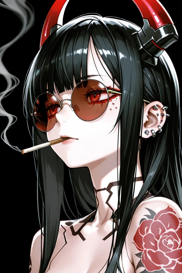 (highest quality、masterpiece:1.2), ((mature woman))huge , adult face、black chinahair、two side up、red eyes, (dark eye shadow、lots of earrings) sunglasses,smoking a cigarette,sexy china dress, black chinadress, victorian dress