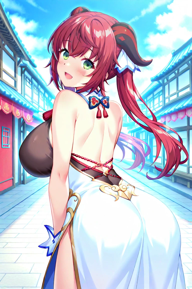 (score_9, score_8_up, score_7_up, score_6_up, score_5_up, score_4_up), masterpiece, best quality, high_resolution, 8k, UHD, 1girl, detailed, extremely detailed, best anatomy, (large breasts), long hair, high ponytail, hairband, purple eyes, red hair, Yinlin, elf ears, nude, naked, pussy, shot from below, shoot from behind, butt, butt focuss, anal, thigh, anus, pussy focus, nsfw, full nude, squatting, hands up,