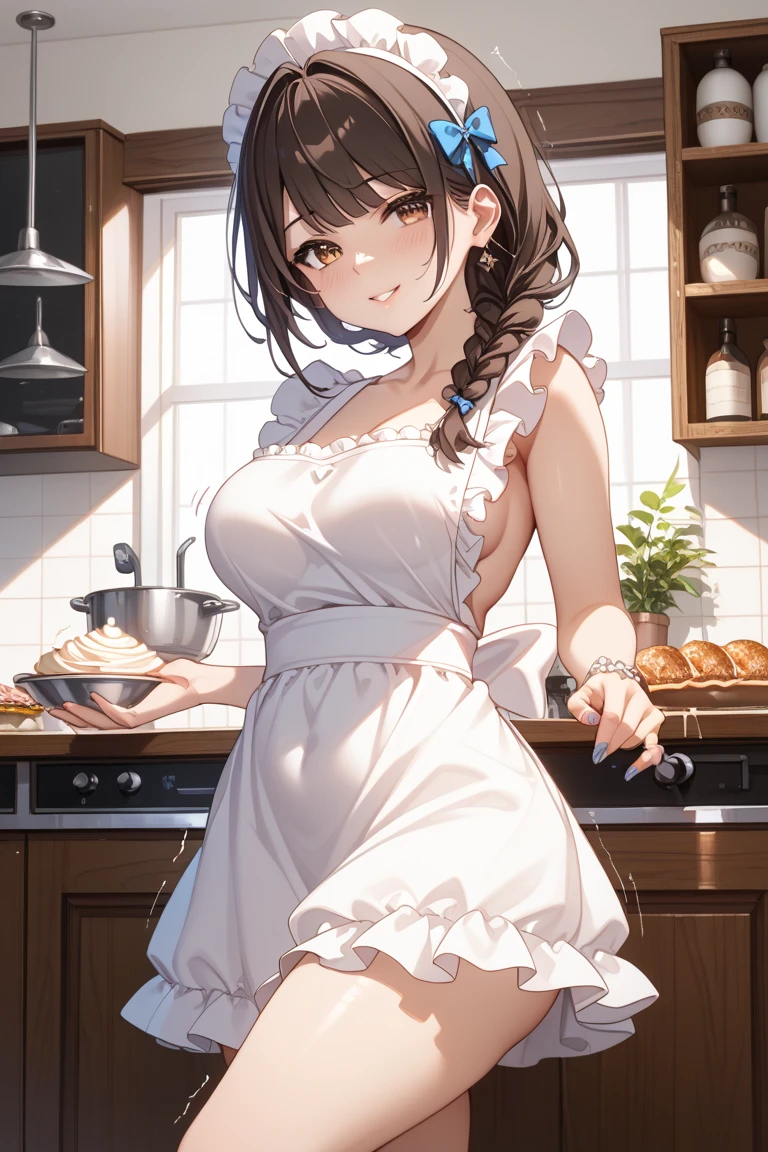 (Best quality:1.3), brown braided hair, slit eyes, lips, busty, thighs, (naked:1.3), (apron), kitchen, smiling, blushing:1.3, (from above view)