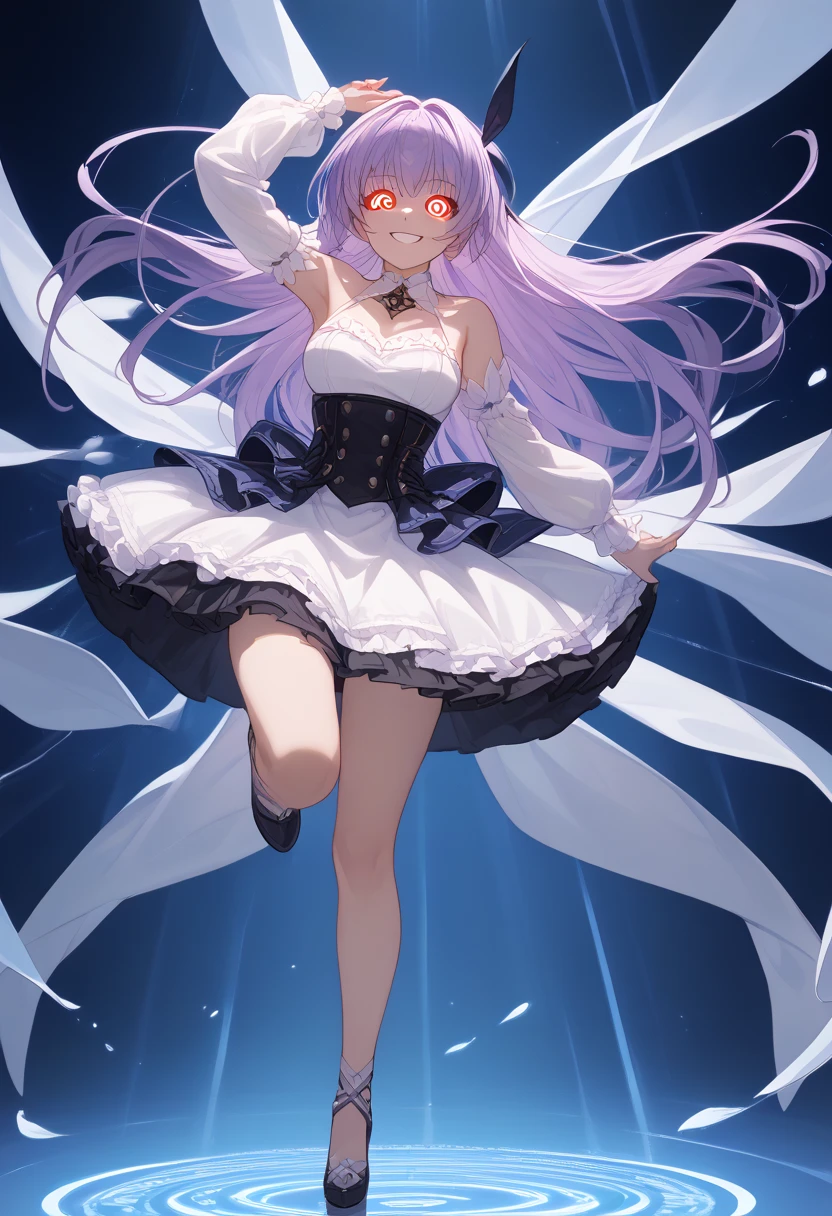 1girl,small,solo focus,,glowing magenta eyes,colored sclera,white hair, long hair,(((pale skin,extremy white skin,hair over one eye))),, sharp teeth, open mouth,(((medium tits,glossy thighs,)))sexy,hidden arms,((white bra,lingerie, white little skirt,no shoes)),night,(((villain,psycho,villain smile, psychopath,))),hd,masterpiece,4k,halo pink,(((floating in front a stones ruins in night))),