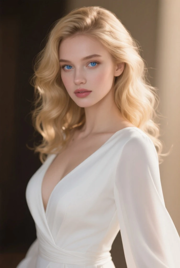 a beautiful young white woman with blonde hair and blue eyes, wearing a very provocative white dress, seductive pose, photorealistic, high quality, cinematic lighting, elegant, glamorous, striking