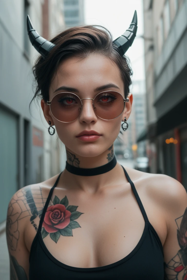 cigar, smoking, 20s, female, braided hair, undercut, hippie, earrings, ginger, tanned skin, black lipstick, eyeliner, tattoos, leather vest, choker, freckles, nsfw, sharp cheekbones, round sunglasses