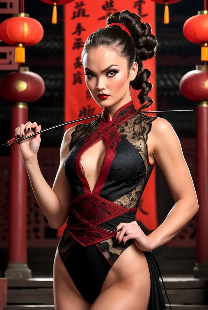 Tori Black asian ninja warrior holding sharp hairpins, ringlets wavy five feet long black hair, updo hairstyle with ponytail on one side and long hairpins holding the bun, dark red glossy lips, heavy black eye shadow long black eyeliner, long sharp nails, black lace beautiful and creative sleeveless ninja warrior bodysuit, huge cleavage, forehead lace ornament, posing in a Shaolin temple interior, happy expression, dark ambience night time candle lights. No faces on her chest!