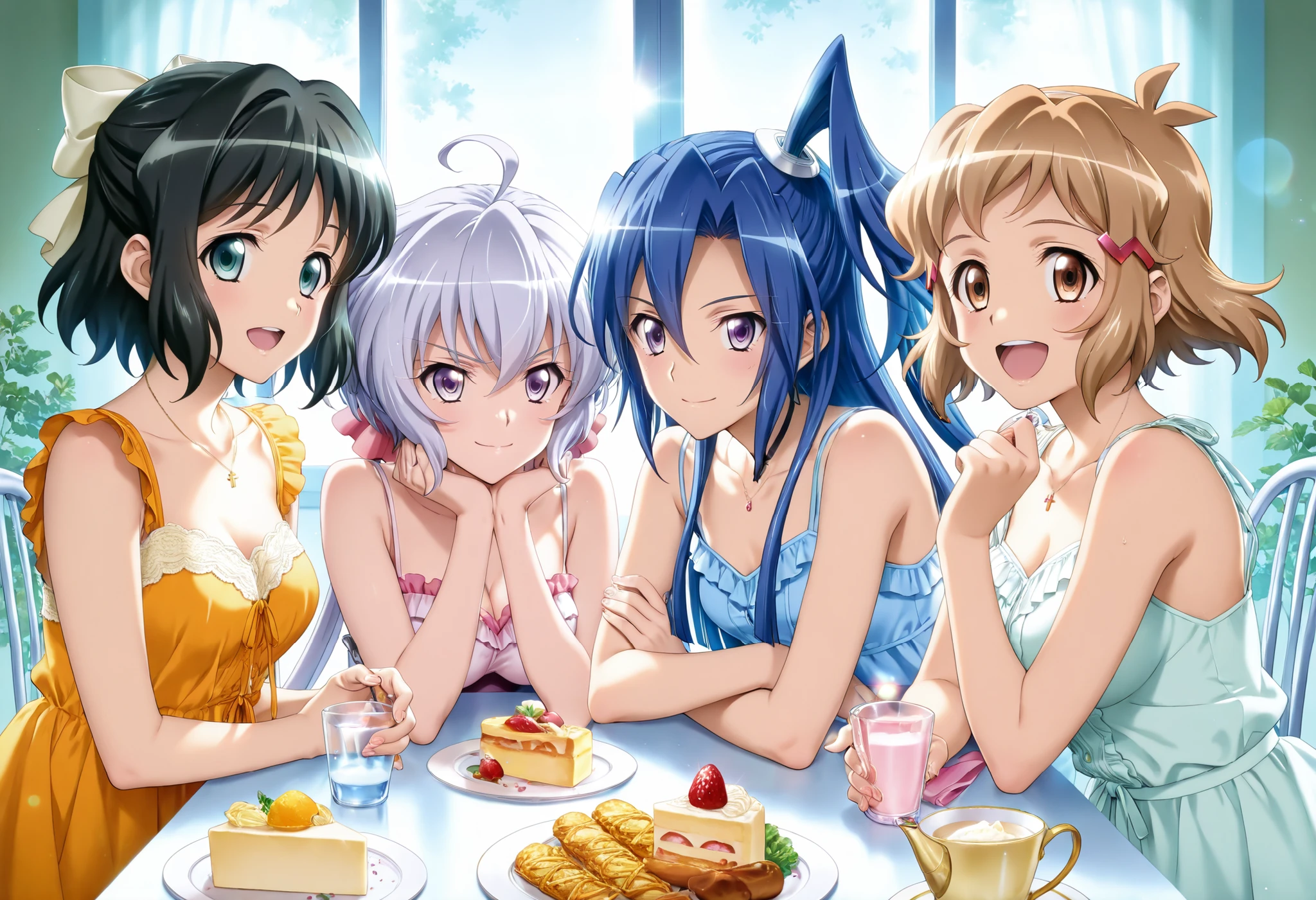 ((4 girls taken)),symphogear,(tachibana hibiki),(kohinata miku,),(Yukine Chris,),(kazanari tsubasa,),Super lesbian、dating、crosses arms、Good friends、smile、Lens Flare、lively, Shining Contours ,neon,、Official Art, masterpiece, very aesthetic、Light Powder、Close、