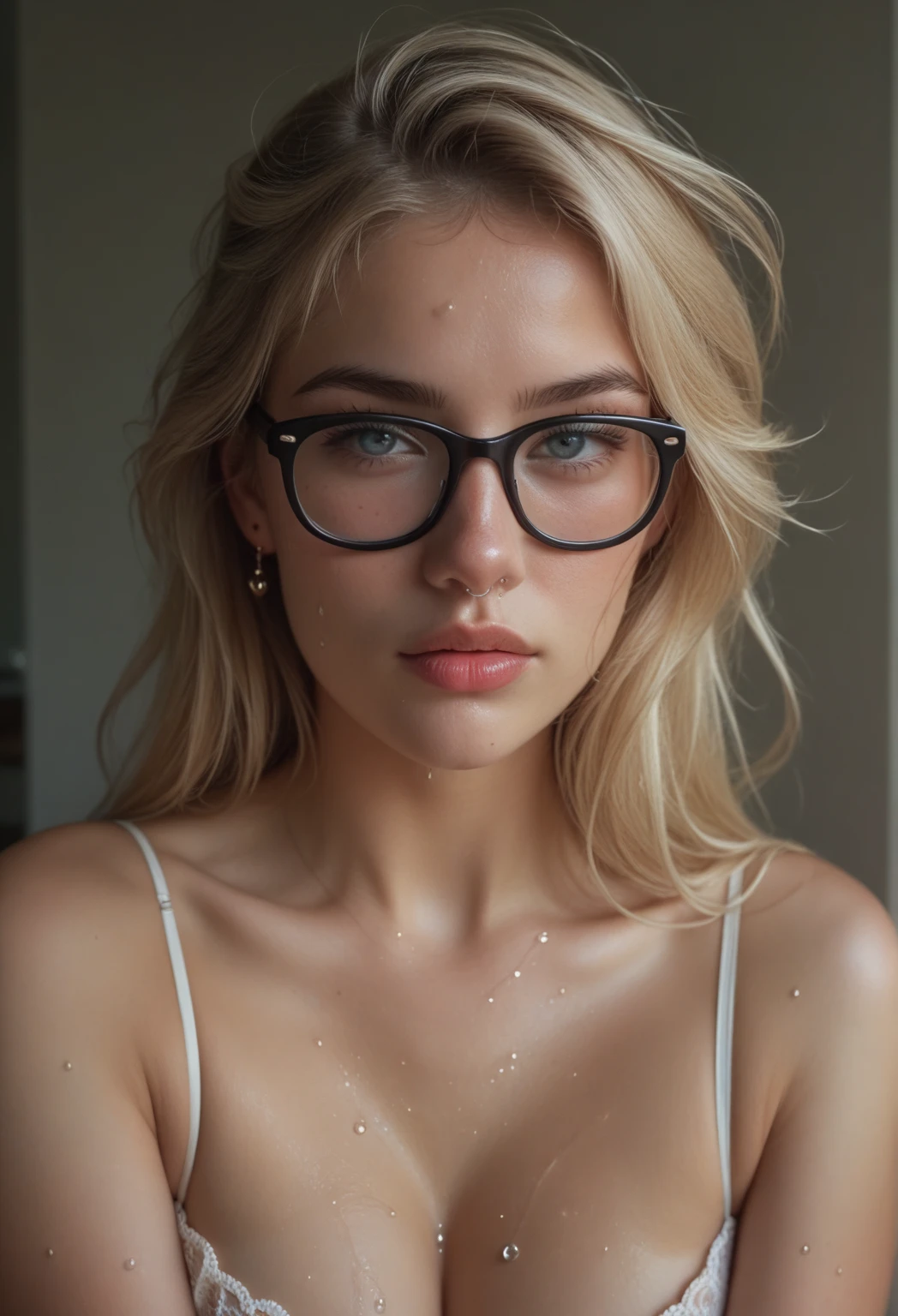beautiful young woman,Golden blonde,grey eyes,freckles on the face,round face,Nose Piercing,plump little lips,stylish glasses with thin frames,microbikini denude,naturism topl.ss,photorealistic,the mouth is stained with white spots,nervously smokes a cigarette,light smoke,realistically,professional photo 📷,Mega Detail