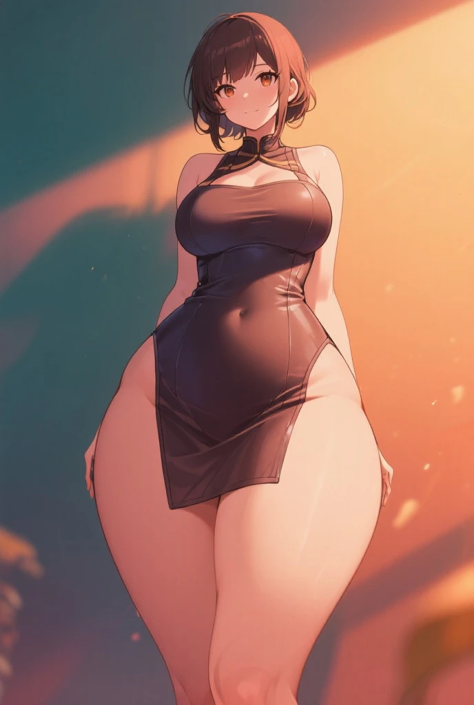 (Curvy:1.8), latina, (straight black hair), (wearing a skin tight dress:1.4), (tan skin:1.4, (hourglass shape), (thick thighs:1.6), gigantic