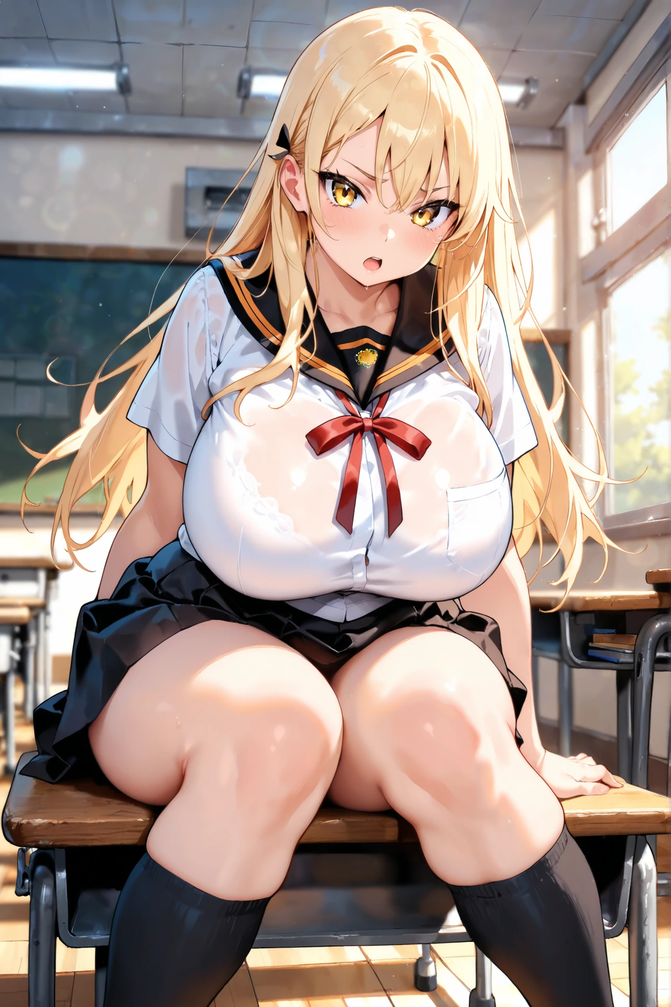 8k wallpaper、(From below:1.8)、(ultra-detailed CG illustration),(NSFW:1.8),(masutepiece) ,Beautiful girl in her 20s ,(dark yellow eyes) ,(blonde french braids) ,(Embarrassed face), blush,BREAK((Serafuku upper body only ,School uniform)、a navel、BREAK((The lower part of the body is bare))、(large full breasts:1.1),rocket bit ,(Perfect body) ,BREAK(Squatting,Open legs), (sparkles, female ejaculation, urine),BREAK(spreading pussy, uterus,urethra),(Front photo),(Emphasis on the crotch),Inside the classroom, full of sweat