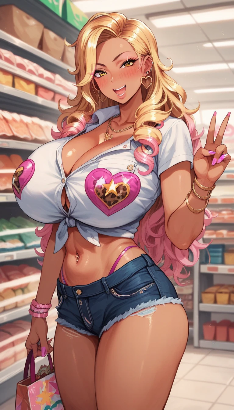 cute gyaru,plump body,naughty smile,pubic hair,,walking at street,tanned skin,sweaty,straight hair,wet skin,jacket,tube top,pink thong,denim short pants,pregnant,peace sign,huge breasts,long hair
