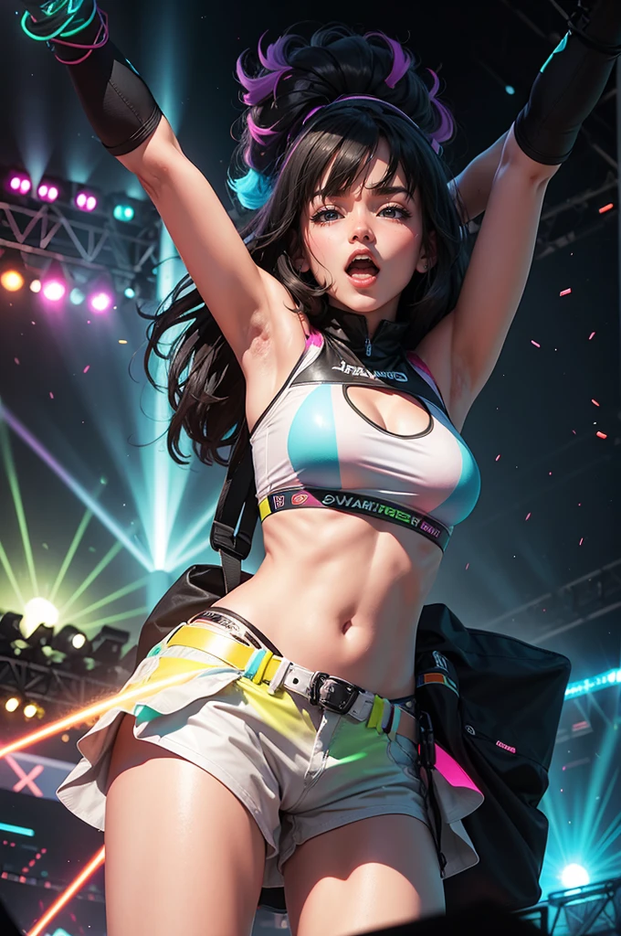 Bandeau, 1girl, rave festival, night, light rays, edc, rave, highres, lens flare, led, masterpiece, cinematic lighting, perfect skin, long vivid colorful hair, toned, cameltoe, breast focus, legs focus, lora:Bandeau-fC-V1:1