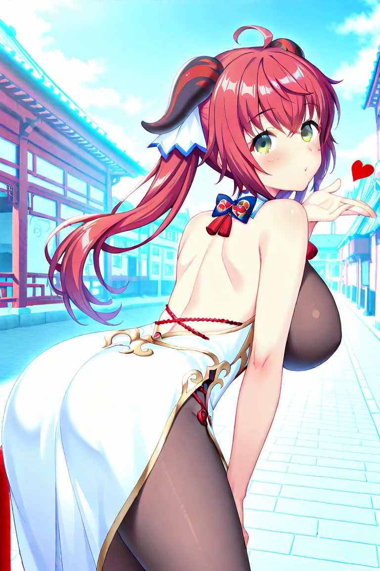 highres, shadows, absurdres, best_quality, ultra_detailed, 8k, extremely_clear, photograph, beautiful, beautiful face, sharp focus, hdr, 1girl, clean eyes, wide-eyed,background of a japanese small old town street with paper lanterns, at midnight, background darker then the girl in front, beautiful face, small puffy breasts (puffy small firm breast, very red areola, standing ,very seductive pose,red very long hair, very young, horns, ponytail, large bare midriff, no bra, naked, no horns, bare breast, no pantsu, bare breast