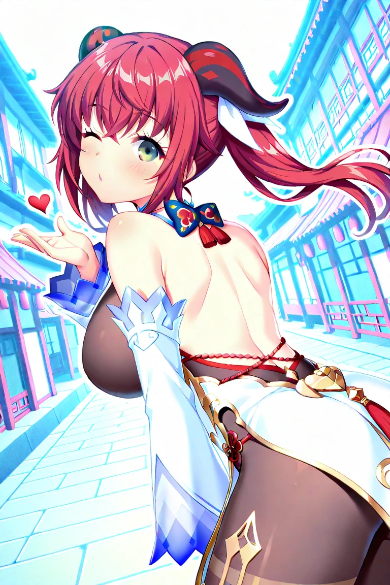 ganyu \((genshin impact\)), 1girl, ahoge, arquitectura, flequillo, hombros desnudos, campana, guantes negros, pantimedias negras, ((cabello rojo)), rubor, pechos, nudo chino, mangas separadas, arquitectura de Asia oriental, nudo de flores, guantes, cuernos, cabello largo, mirando al espectador, pechos medianos, campana del cuello, noche, al aire libre, pantimedias, ojos azules, sidelocks, solo, borla, mangas blancas, ((obra maestra)), (((itsuki nakano)))