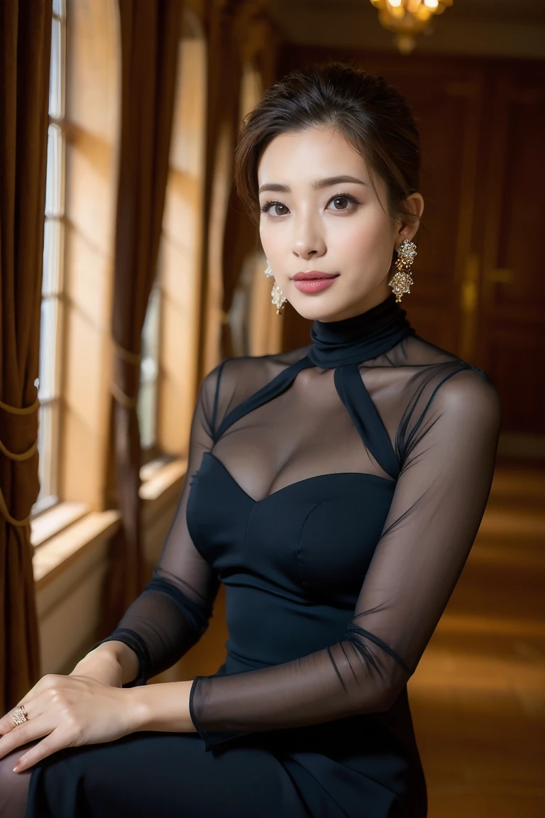 Masseter muscle area, Highest quality, masterpiece, High resolution, Photorealistic, RAW Photos, 8k wallpaper, perfection, Professional Lighting, Very detailed, Depth of written boundary, ((Beautiful woman)), ((Sexy 50 year old women)), (In the hotel lobby), ((Dark colored see-through dress)), ((Look into the viewer's eyes)), Detailed face, Beautiful Eyes, (Maintain good posture and stand at an angle), Shapely breasts, (Sexy look), Light brown straight hair, (Thick lips),Deep slit、Beautiful feet、whole body、No bra、Nipples stand out