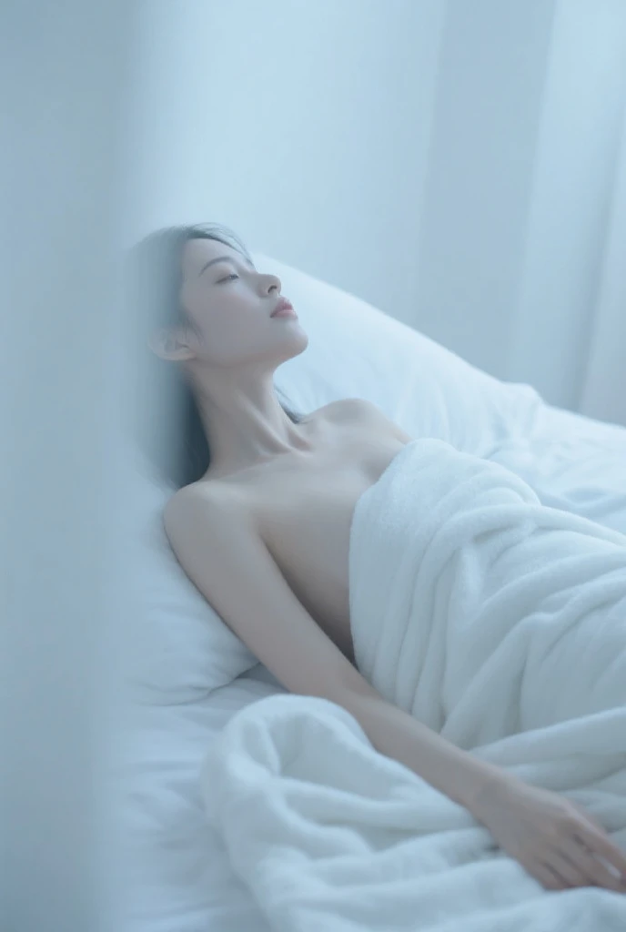 Highest quality, masterpiece, Surreal Photography, sf, Naked Japanese girl sleeping in cold sleep capsule、Amazing big boobs、Several tubes are stuck into his body.、A room as bright as the outdoors during the day、Woman shot from above、White light