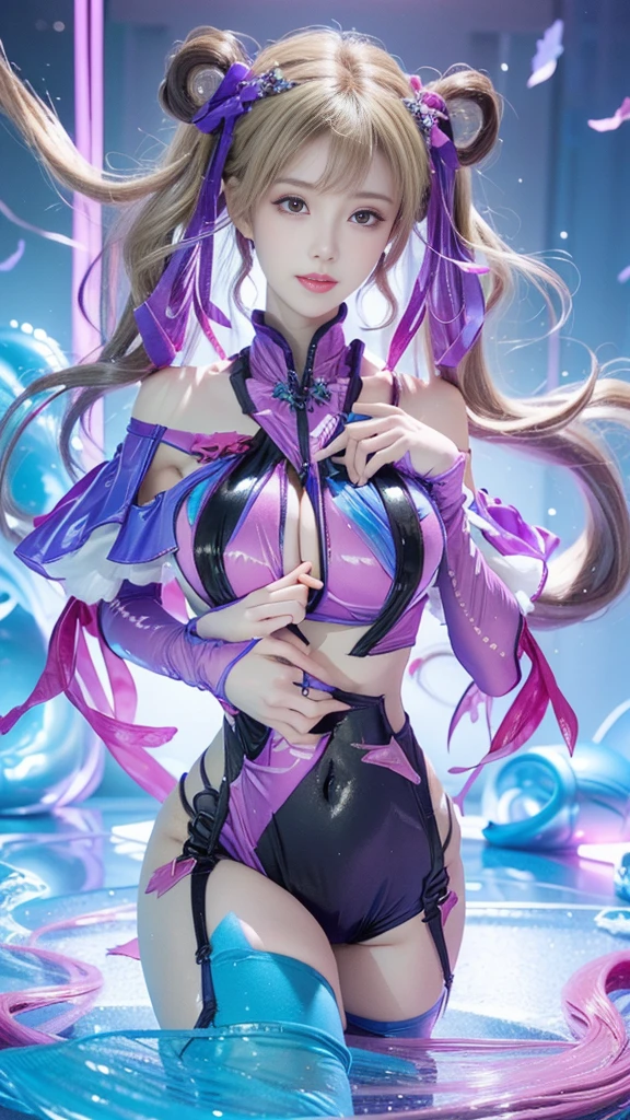 anime - style image of a woman in a purple dress with a cat ears, pink twintail hair and cyan eyes, ayaka genshin impact, ayaka game genshin impact, biomechanical oppai, azur lane style, from the azur lane videogame, anime goddess, render of a cute 3d anime girl, loli. purple gloves
